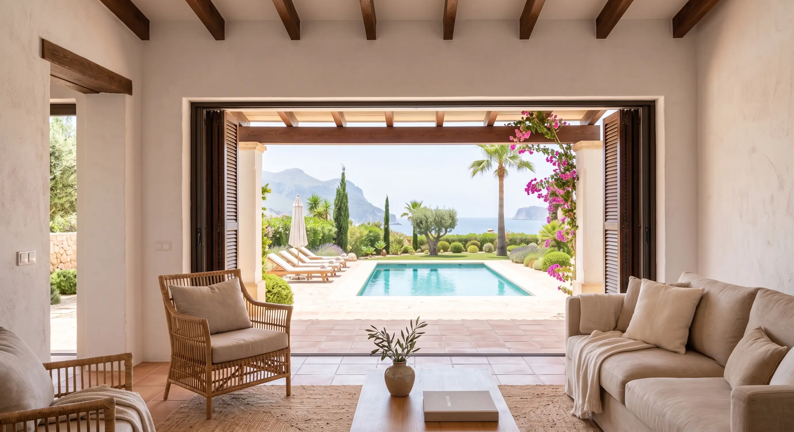 Salón de una villa mediterránea abierto a una terraza con piscina y vistas al mar