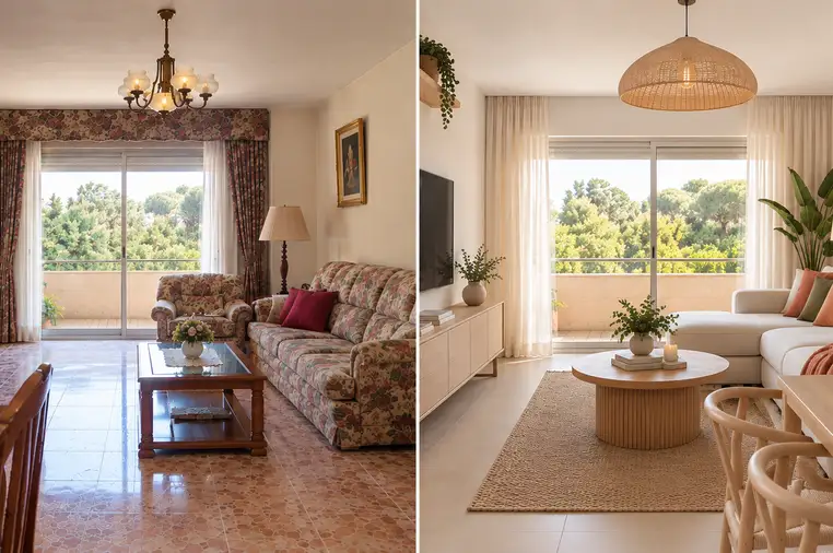 Antes y después de un salón reformado, de estilo anticuado a moderno y luminoso