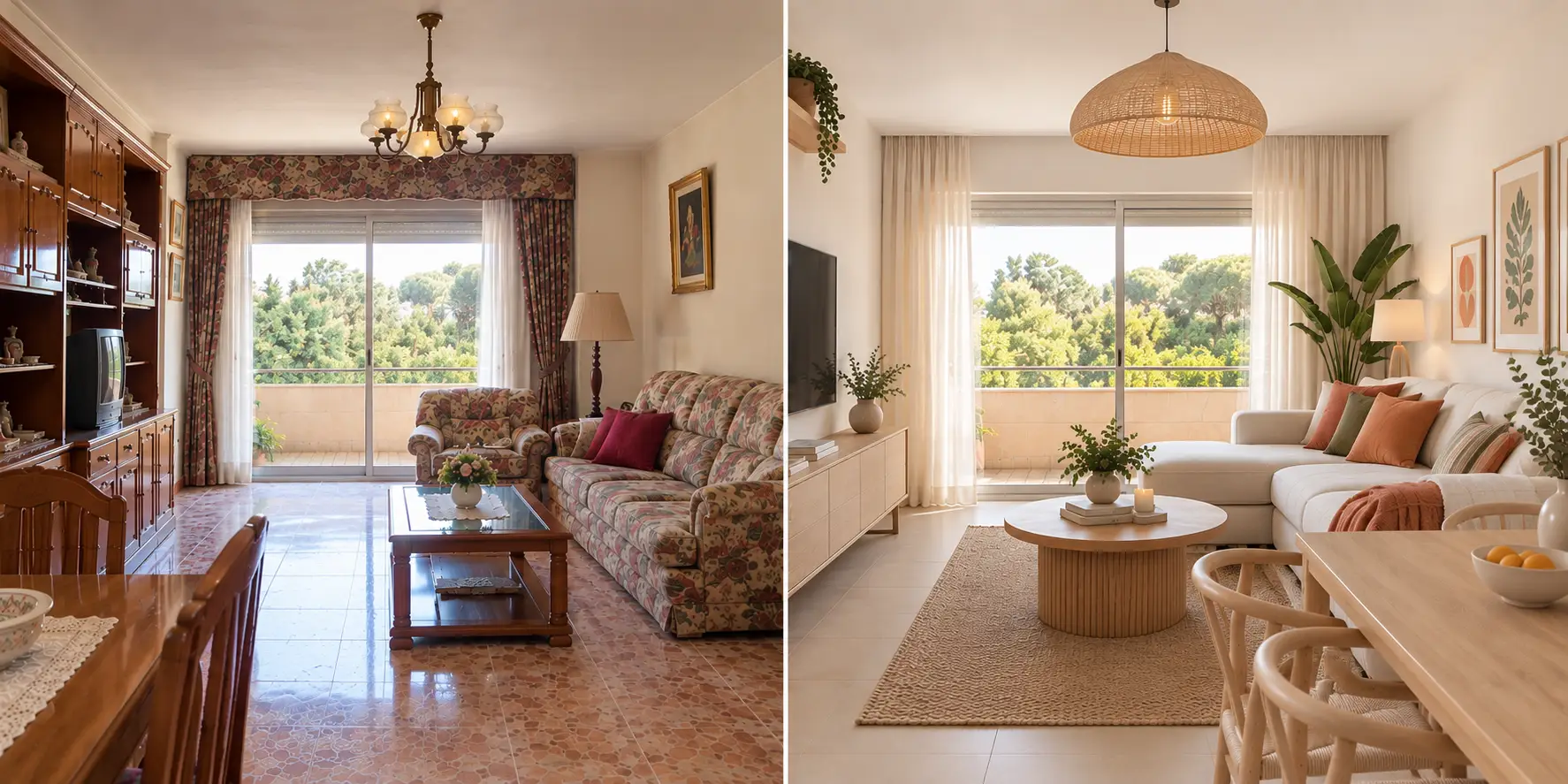 Before and after of a renovated living room, from dated to modern and bright