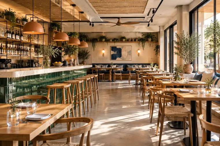 Interior de un restaurante con barra de azulejo verde y mesas de madera